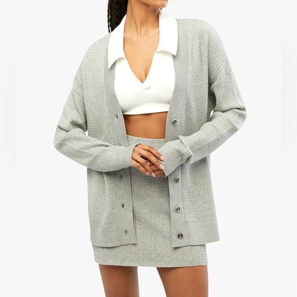 NWT We Wore What Varsity Cardigan M/L Heather Gray Button Front Knit V-Neck